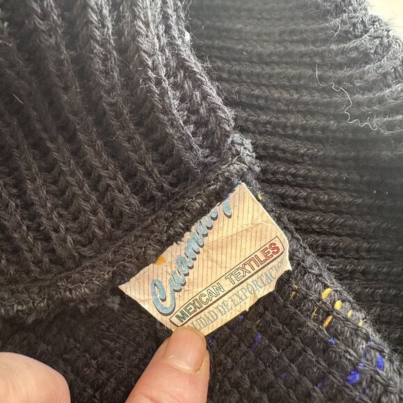 Mexican Textiles Knit Poncho Fringe Geometric Red Blue One Size Black Cowl Neck - Picture 6 of 8